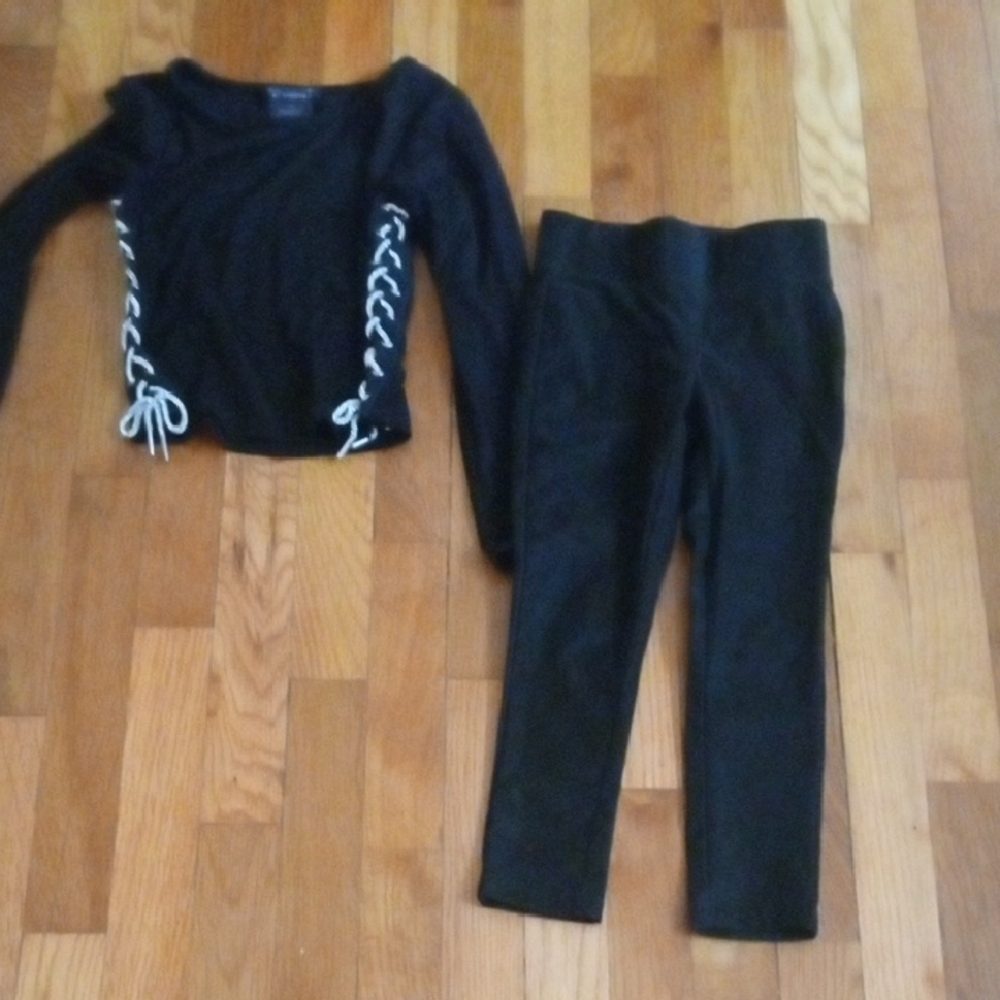 girl 6/7 Black Long Sleeve Top silver rope accent and black pants with shimmer